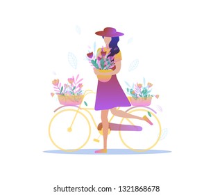 Florist. Sadovoy. Retailer. Girl with a bouquet. Flat vector illustration. Element for design