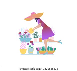 Florist. Sadovoy. Retailer. The girl is watering the flowers. Flat vector illustration. Element for design