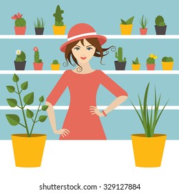 Florist sales woman in flower store. Flat design.