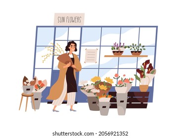 Florist seller with bouquet outside of flower shop. Vendor decorating outdoor of retail store. Fresh blooming plants trade. Modern flowershop. Flat vector illustration isolated on white background