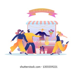 Florist sells flowers in his store to customers. Template for website design, web page. Flat Vector Illustration