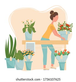 Servicio florístico, concepto de florería, banner web, ilustración vectorial de material de plantilla. Floristas femeninas con ramo. Colores armoniosos y luminosos, composición moderna de estilo plano