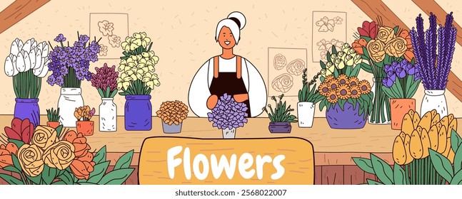 Florist shop colorful flowers arrangement smiling woman surrounded by various blooms in vases cheerful atmosphere indoor decor banner design