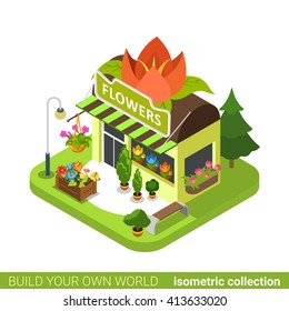 Florist Shop Flower Shape Building Realty Real Estate Concept. Flat 3d Isometry Isometric Style Web Site App Icon Vector Illustration. Build Your Own World Architecture Collection.