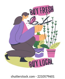 Florist shop with fresh and local flowers, isolated seller with houseplants and composition arrangements. Selling plants with lush foliage and leafage for interior decor. Vector in flat style