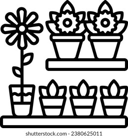 Florist shop front view vector outline icon design, Lawn and Gardening symbol, Farm and Plant sign, agriculture and horticulture equipment stock illustration, Flower Plant Rack Trolley Carts concept