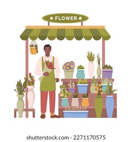 Florist shop or small street stall selling flower bouquets. Man with roses and potted houseplants. Presents and gifts. Flat cartoon, vector illustration