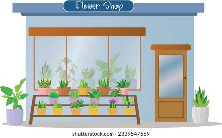 florist shop or store building vector illustration, ornamental plants, home for plant and flower, flower pot, home plant, flowers, small business, flower shop, plant store