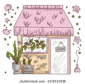Florist shop or store set with compose bouquet on window, fresh flowers in wooden box . Floristry handicraft on white. Flat vector cartoon isolated illustration