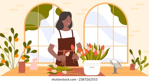 Ilustración vectorial de la tienda florista. Mujer caricaturista que trabaja en una tienda o en un vivero arreglando ramos de flores y plantas cortadas, joven comerciante o dueño de un negocio pequeño que se sienta a la mesa con composición floral