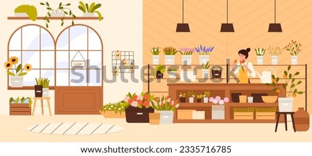 Florist shop vector illustration. Cartoon woman seller or owner of small flowershop business selling natural plants, flowers bouquet in vases and boxes for arranging house interior or garden,