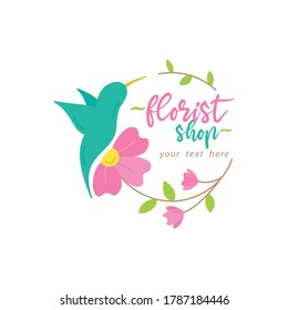 Florist shop vector illustration. Hand drawn hummingbird with flower wreath and writing inside, company template. Invitation, greeting card decoration. Isolated.