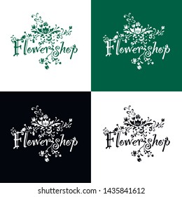 Florist shop vintage elegant logo. black, green on white isolated