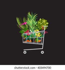 Florist shop.Shopping cart with plants.Flower store flat design.