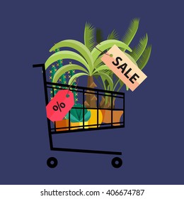 Florist shop.Shopping cart with plants.Flower store flat design.