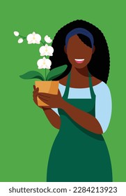 Florist. Smiling woman hold flower pot with orchids. Pretty florist with houseplant on green solid background. Modern minimalistic Illustration in simplified style