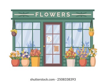 Florist store exterior, isolated flower shop facade with entrance doors. Vector blooming plants in pots and big vases. Selling floral compositions on holidays and gifts for clients in city