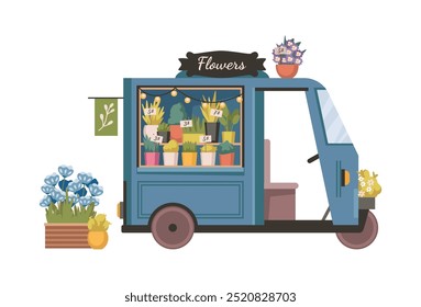 Florist store, isolated tuck mobile kiosk selling floral composition to clients. Vector flower shop with potted plants for home and vases with bouquets for presents. Business and floristry hobby