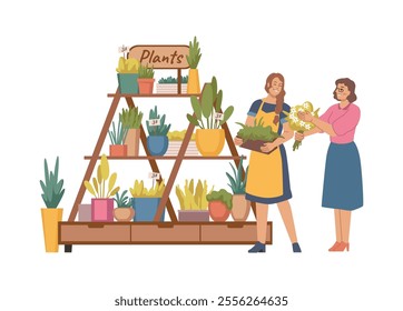 Florist store seller speaking to client. Vector isolated flower shop shelf with potted plants with lush greenery and foliage. Flora composition and bouquet for home interior and holiday gift