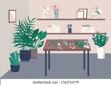 Florist studio flat color vector illustration. Room and equipment for course on flower arrangement. Flower shop furniture. Floristry 2D cartoon interior with decoration on background