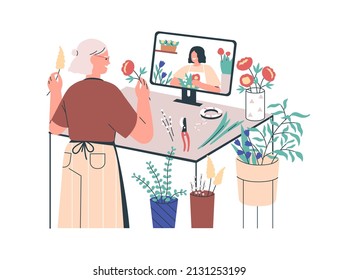 Florist studying at distant online course. Woman with flowers, plants learning floristry at remote botanical floral school at computer. Flat vector illustration isolated on white background