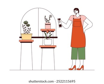 Florist taking care of flowers by keeping them fresh, outline style, vector illustration.