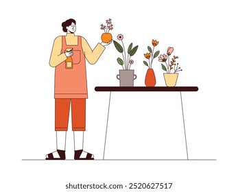 Florista cuidando de flores para manter a qualidade, estilo de contorno, ilustração vetorial.
