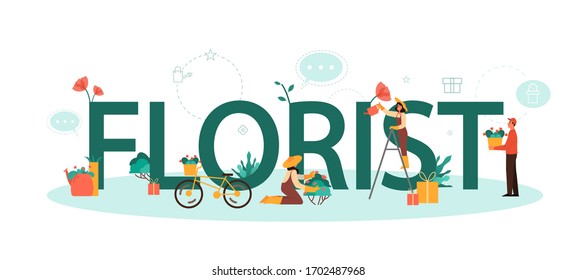 Concepto tipográfico florista. Ocupación creativa en una boutique floral. Diseñador florista de eventos. Entrega de flores y jardinería. Negocios floristas. Ilustración vectorial aislada en estilo plano