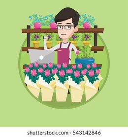 Florist using telephone and laptop to take order. Florist standing at the counter at flower shop. Man working in flower shop. Vector flat design illustration in the circle isolated on background.