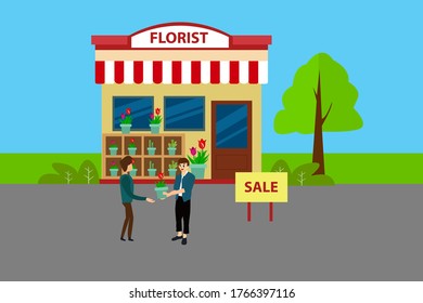 Concepto vectorial de Floristry: cliente comprando una olla de tulipán