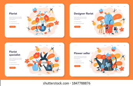 Florist web banner or landing page set. Creative occupation in floral boutique. Event florist designer. Flowers delivery and gardening. Floristic business. Isolated vector illustration in flat style