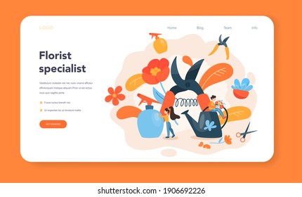 Florist web banner or landing page. Creative occupation in floral boutique. Event florist designer. Flowers delivery and gardening. Floristic business. Isolated vector illustration in flat style