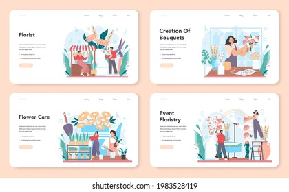 Florist web banner or landing page set. Floral designer making bouquet for customer and events. Creative occupation in flower shop. Floristic business. Flat vector illustration