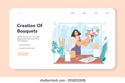 Florist web banner or landing page. Floral designer making bouquet for customer and events. Creative occupation in flower shop. Floristic business. Flat vector illustration