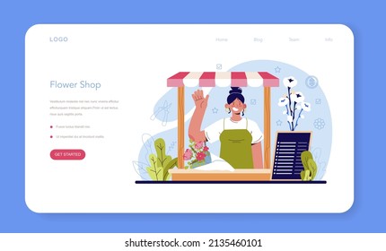 Florist web banner or landing page. Floral designer making or arranging bouquet for customer. Creative occupation in flower shop. Floristic business. Flat vector illustration