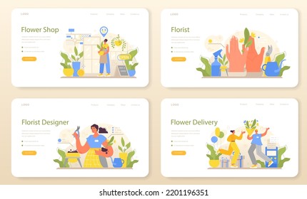 Florist Web Banner Or Landing Page Set. Floral Designer Growing Plants, Making Or Arranging Bouquet For Customer. Creative Occupation In Flower Shop. Floristic Business. Flat Vector Illustration