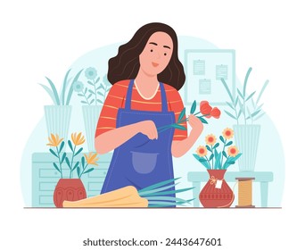 Florist Woman Arranging Flowers into Vase in Flower Shop