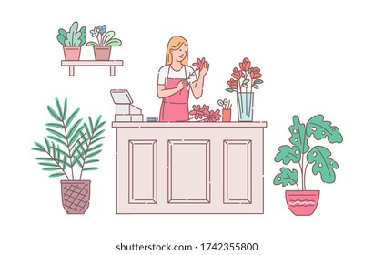 Florist woman cartoon character arranging cut flowers into bouquets, sketch vector illustration isolated on white background. Flower shop seller at work.