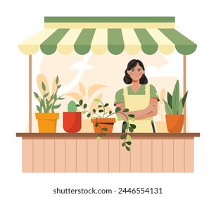 Florist woman concept. Young girl with flowers and plants in flowerpots. Shop, store or market of succulents. Comfort and coziness. Cartoon flat vector illustration isolated on white background