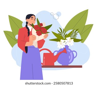 Florist woman concept. Young girl with bouquet near watering can. Person with bloom and blossom plants. Beautiful flowers, red roses. Romantic gift or present. Flat vector illustration