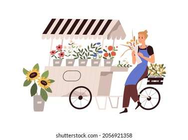 Mujer florista en el mercado de flores. Vendedor en delantal en una tienda de flora al aire libre con plantas en flor en macetas y jarrones. Comercio callejero de tiendas minoristas. Ilustración vectorial plana aislada en fondo blanco