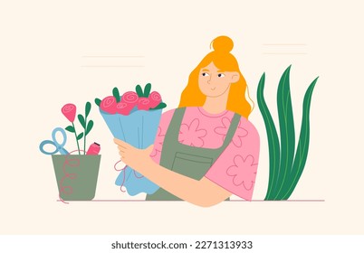 Florist woman making a bouquet of roses. Cute flat vector illustration of flower shop. Cute girl enjoying her hobby or work.