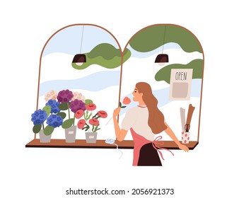 Florist woman smelling fresh flower at flora shop. Vendor in retail store with blooming plants in pots and vases. Seller of modern flowershop. Flat vector illustration isolated on white background