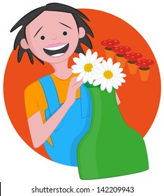 Florist at Work - A young flower seller shows a vase of daisies