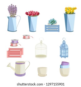Florist workplace: flowers and accessories. Vector illustration. Isolated on a white background.