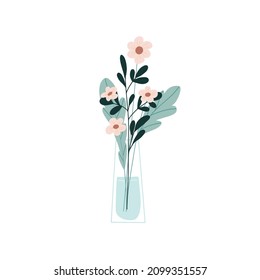 Floristic arrangement of beautiful flowers in a glass vase. An elegant bouquet of delicate flowers. Cartoon flat vector illustration isolated on white background.