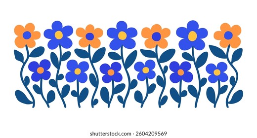 Floristic banner design. Horizontal composition of abstract simple hand-drawn flowers in a row and leaves. Contemporary art naive drawing style wildflower border. EPS 10 vector background illustration