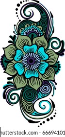 Floristic colorful element in ethnic Indian style, hand drawn vector illustration in blue and turquoise color palette