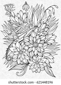 Floristic coloring page with big grasshopper