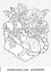 Floristic coloring page with a cat playing with butterfly